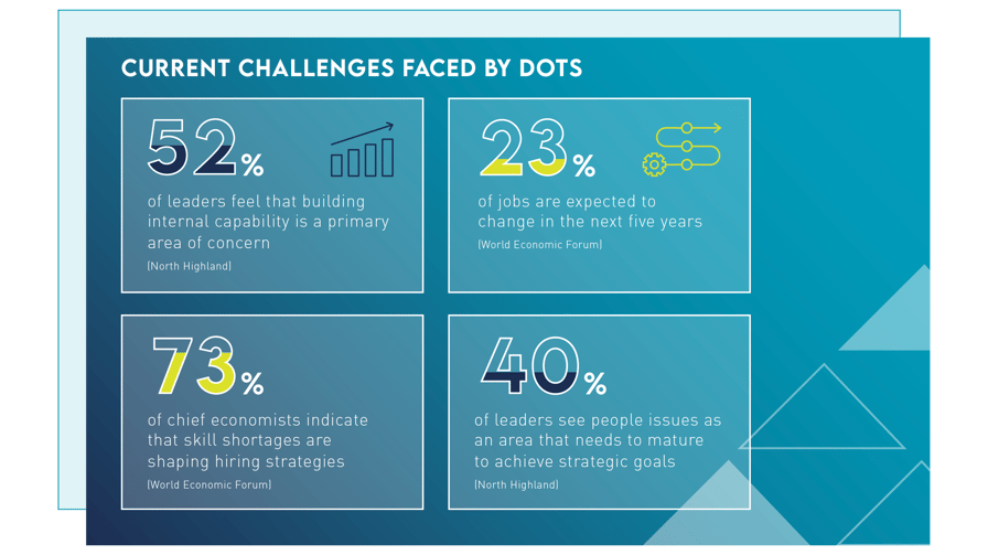 Graphic listing 4 current challenges faced by DOTs. Internal capability, job changes, skill shortages, and people issues.