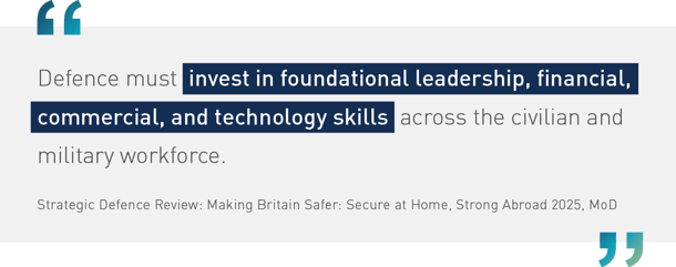 Quote graphic: "Defence must invest in foundational leadership, financial, commercial and technology skills across the civilian and military workforce." Strategic Defence Review: Making Britain Safer: Secure at Home, Strong Abroad 2025, MoD