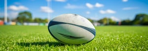 A close-up of a rugby ball resting on a green pitch, with goalposts and a blue sky in the background.